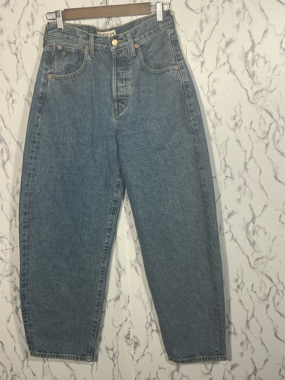 Etica High-Rise Barrel Straight Leg Jeans in Washed Blue